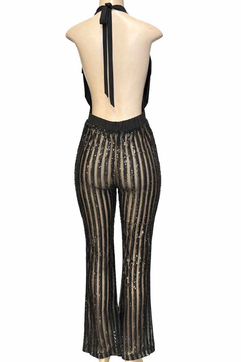 Black sequin jumpsuit on a mannequin against a white background