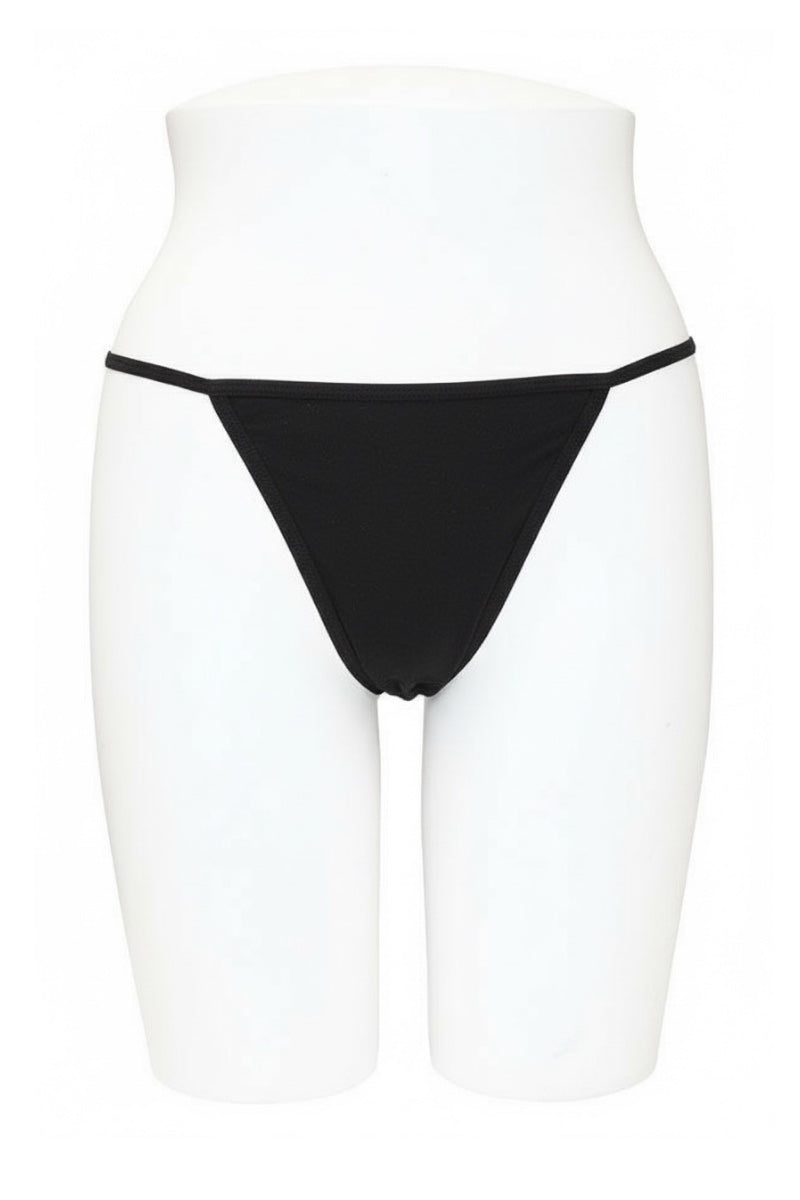 Black thong on a white mannequin against a white background
