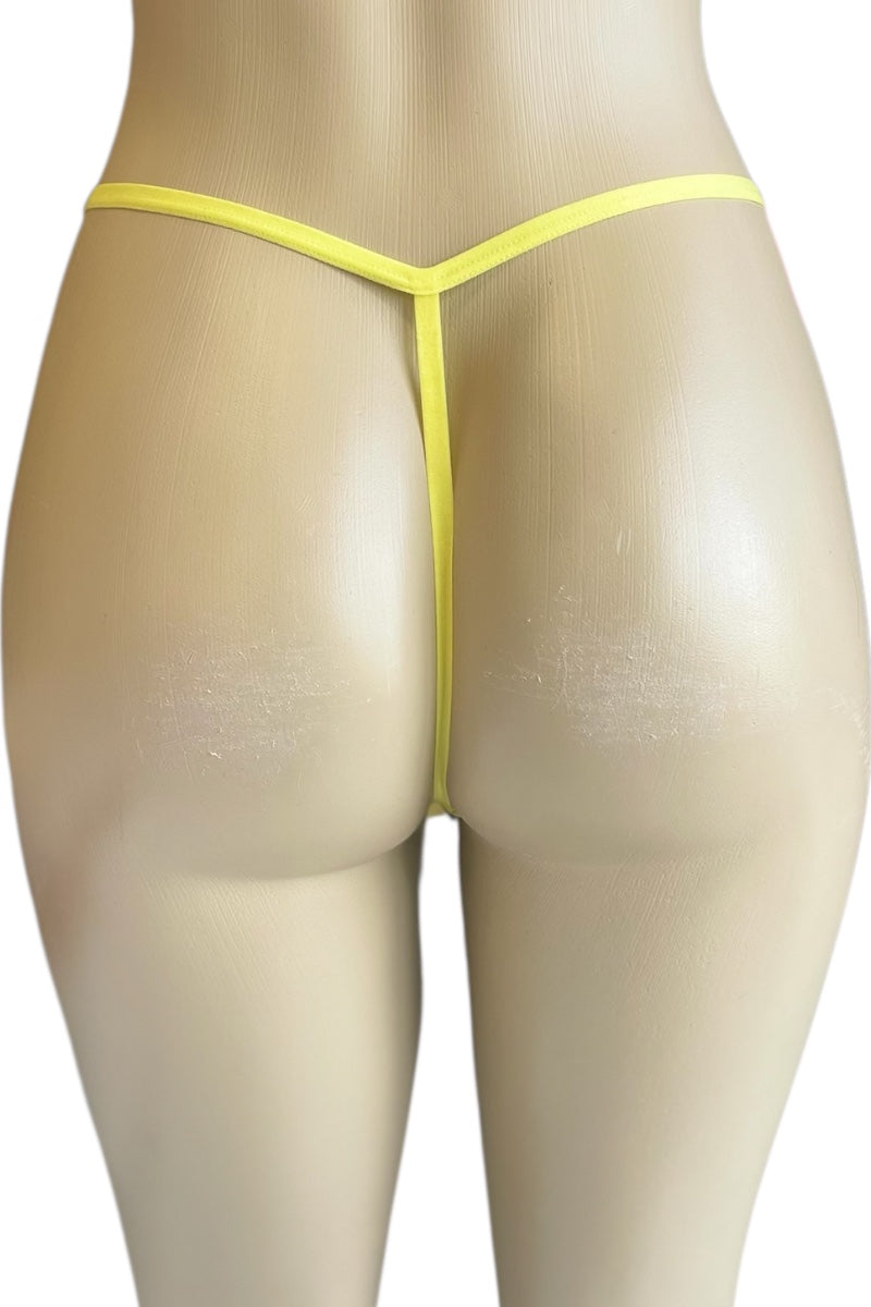 Yellow thong on a mannequin against a white background
