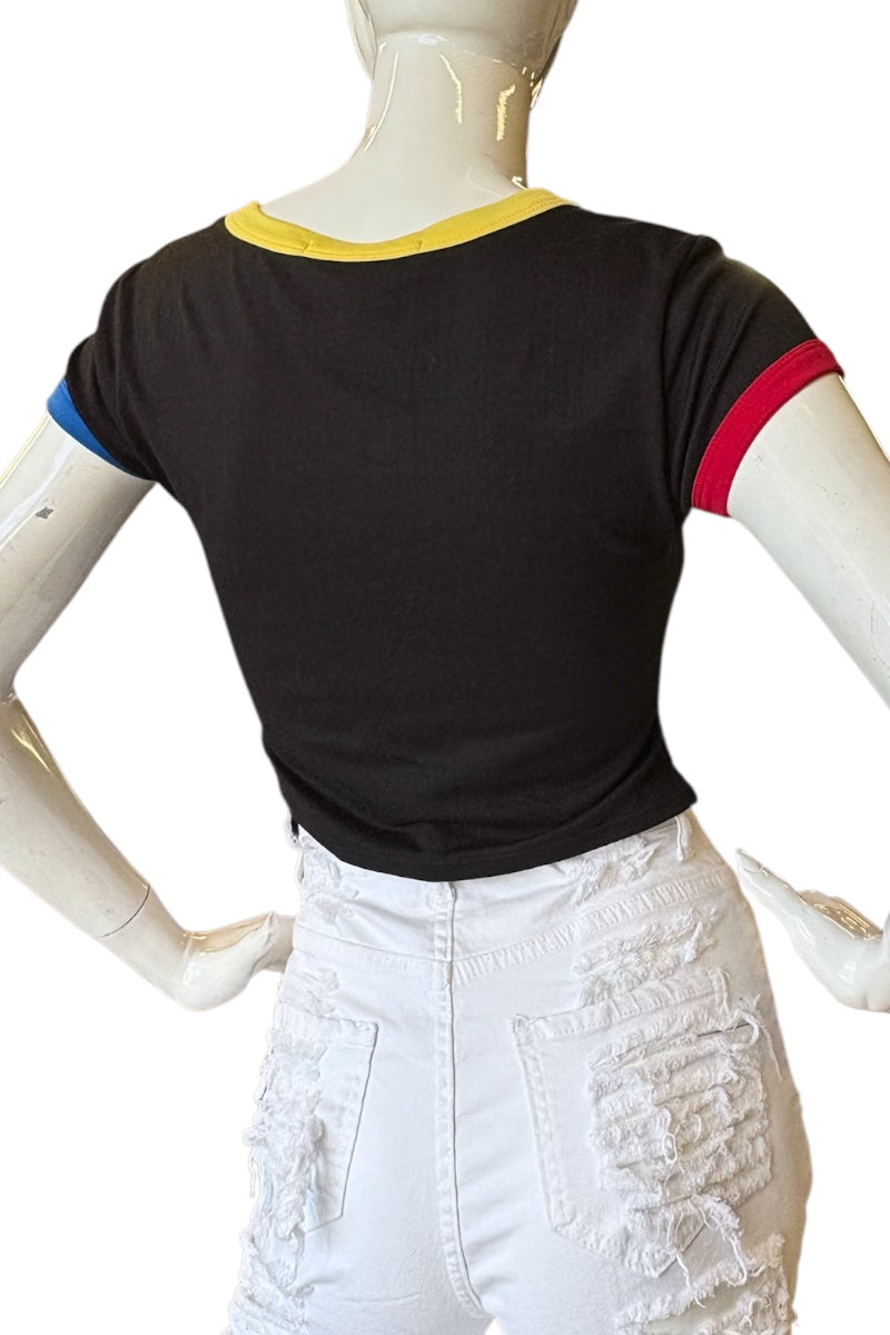 Mannequin wearing a black t-shirt with colorful sleeves on a white background