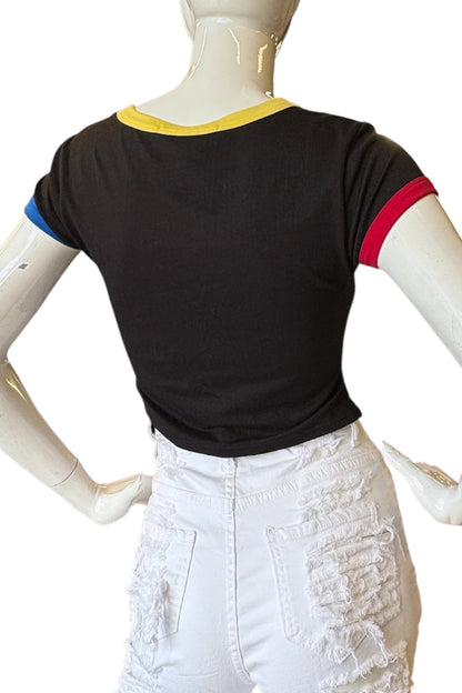 Mannequin wearing a black t-shirt with colorful sleeves on a white background