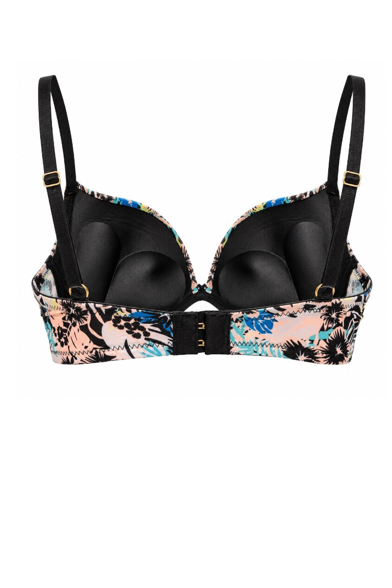 A women's underwire bra with black molded cups and straps, featuring a tropical floral patterned band in pink, blue, black, and white.