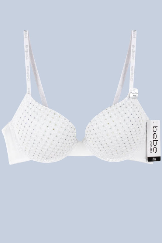 White bra with 'bebe' packaging on a light blue background
