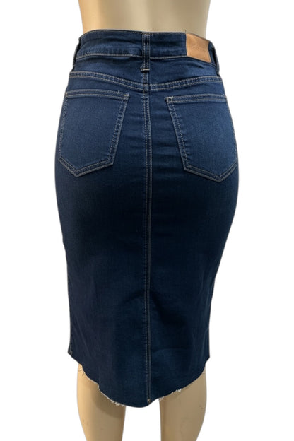 Blue denim pencil skirt on a mannequin against a white background