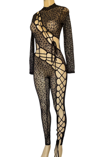 Black leopard print bodystocking on a mannequin against a white background