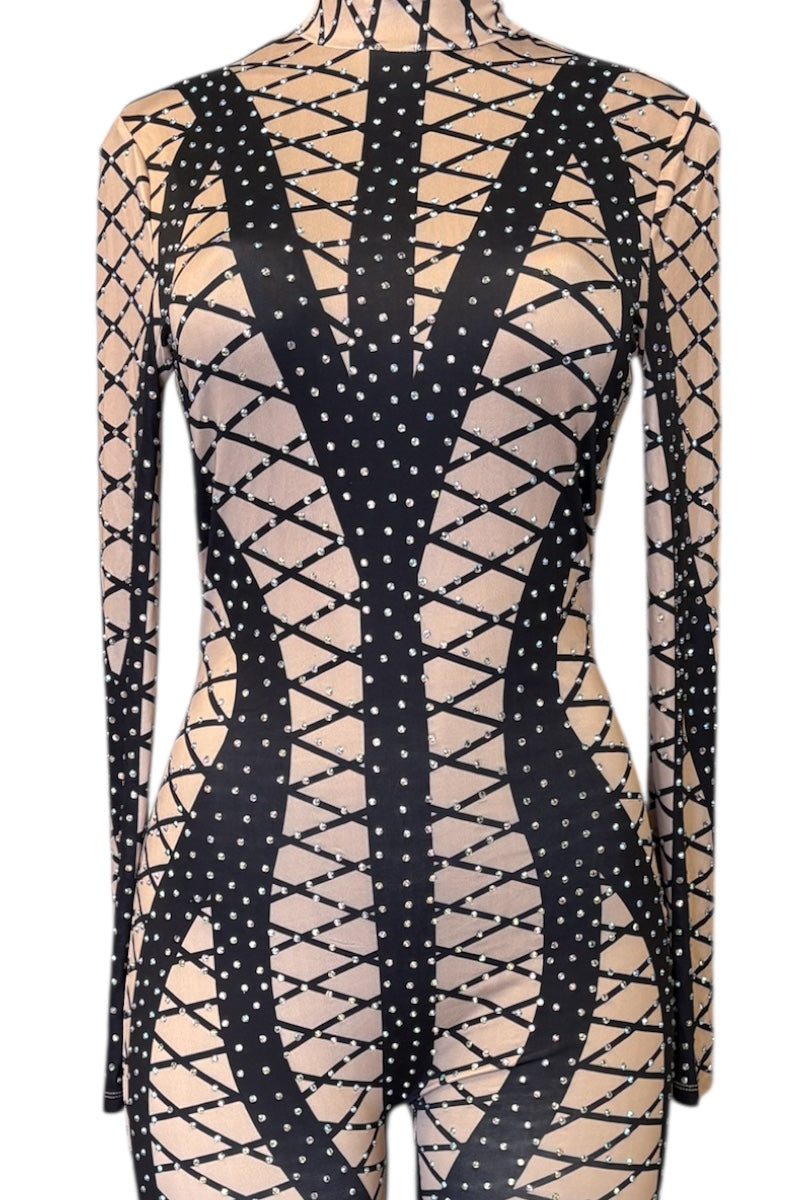 jumpsuit with black geometric pattern and long sleeves on a white background
