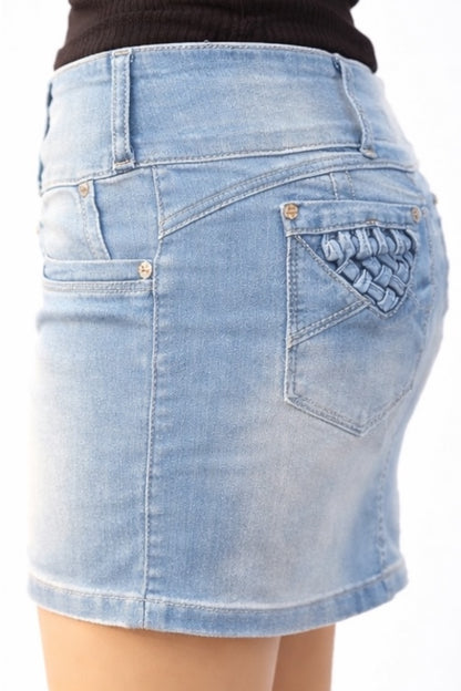 Light blue denim skirt on a white background