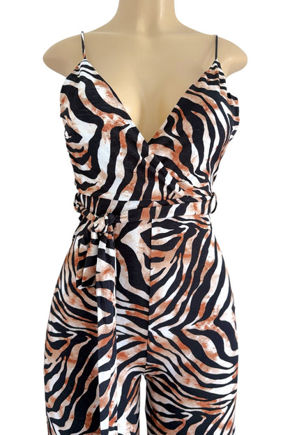 Zebra Print Wide Leg Jumpsuit on a white background 