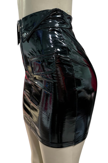 Black latex skirt on a mannequin against a white background
