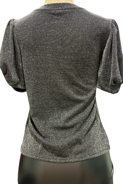 Back view of a gray glittery top on a mannequin against a white background
