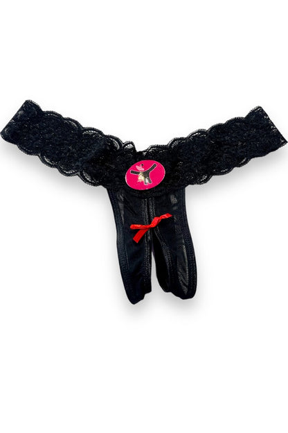 Lace & Mesh Crotchless Thong Panty