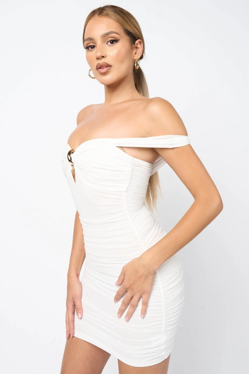 Luxe Mesh Twist Ring W/ Keyhole Off Shoulder Dress