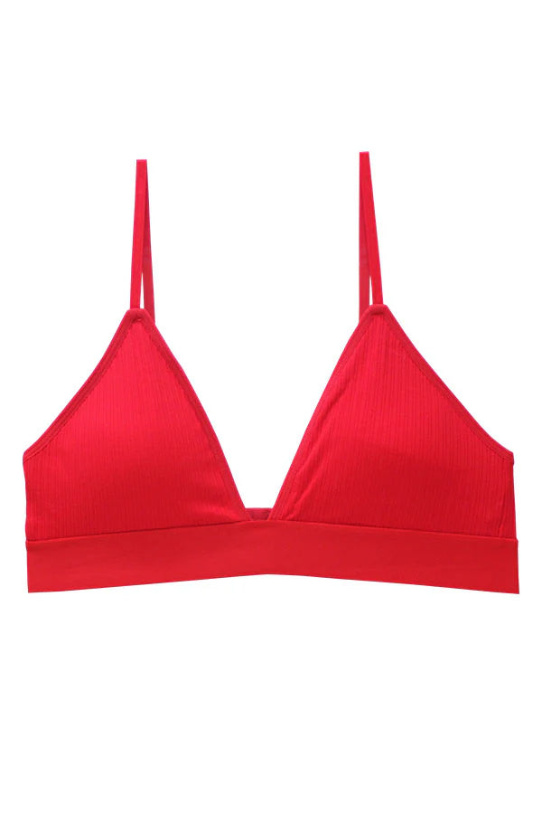 Red bralette with thin straps on a white background