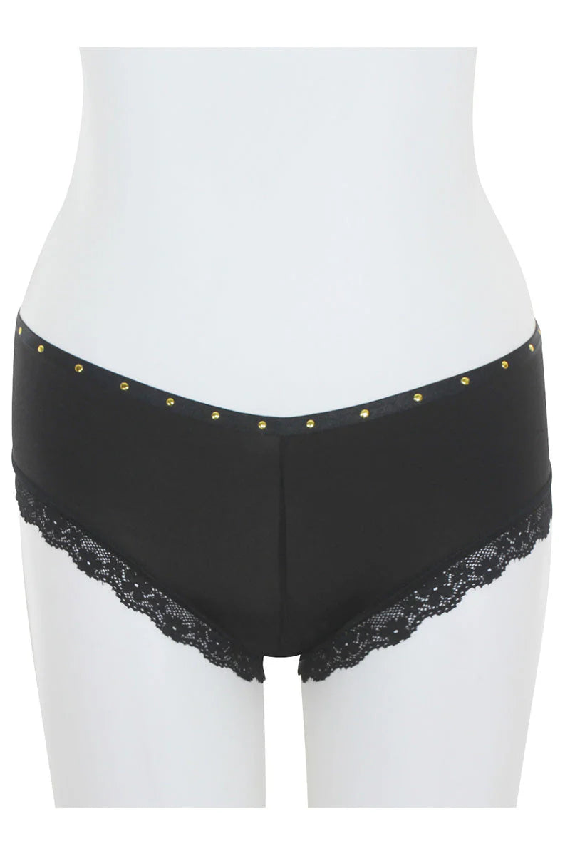Black underwear with lace trim and gold studs on a white background