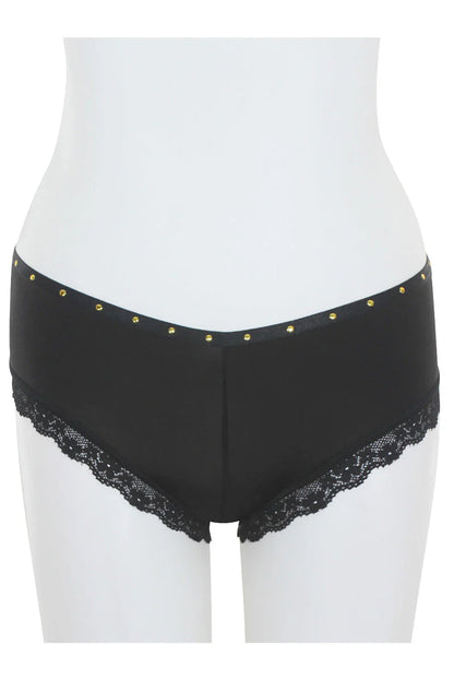 Black underwear with lace trim and gold studs on a white background