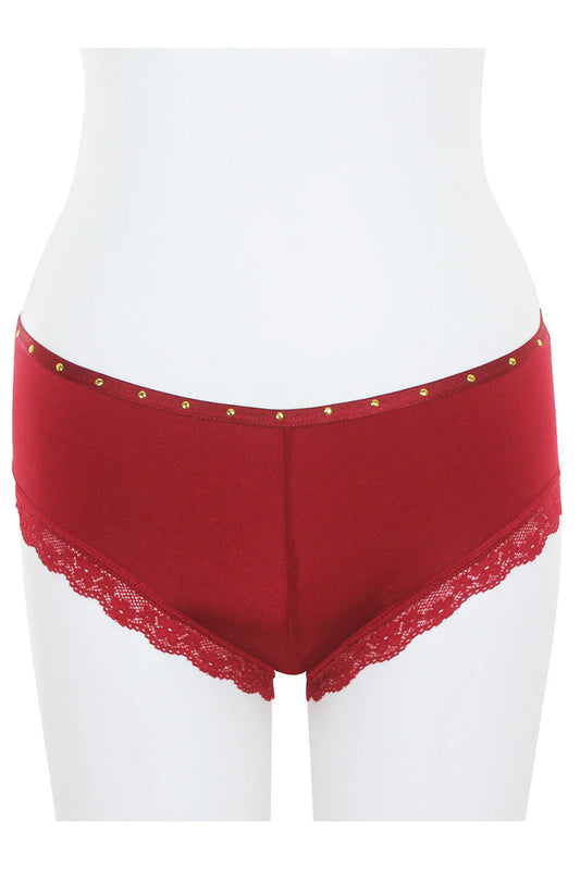 Burgundy underwear with lace trim on a white background