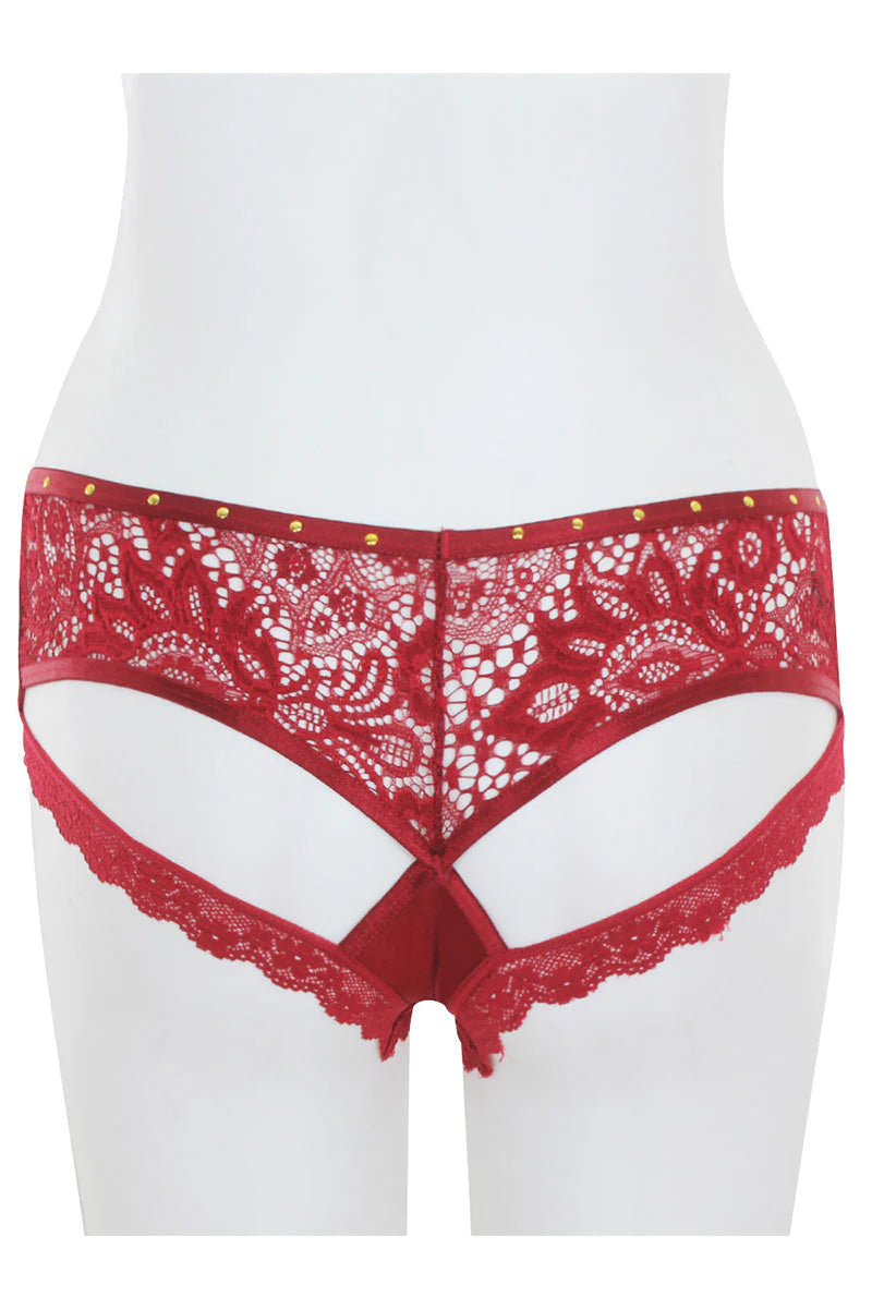 Burgundy lace underwear on a white mannequin