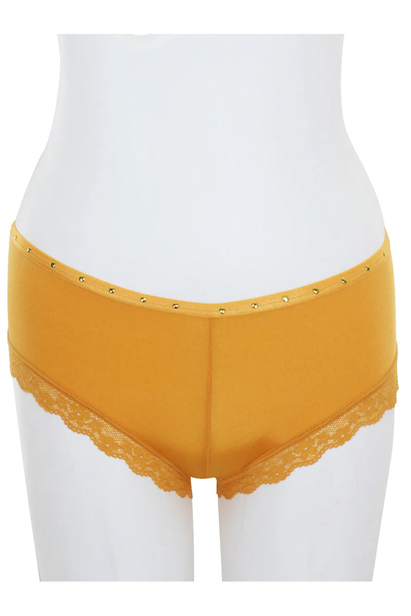 Mustard yellow underwear with lace trim on a white background