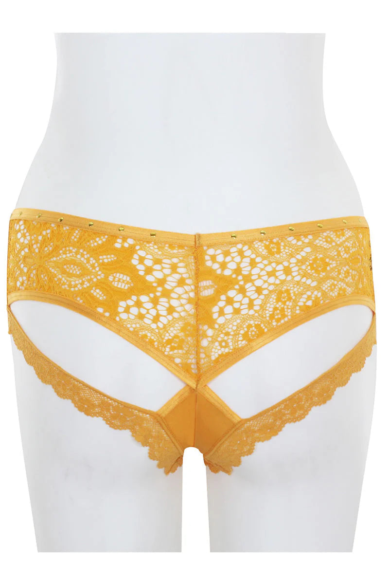 Mustard Yellow lace underwear on a white mannequin against a white background