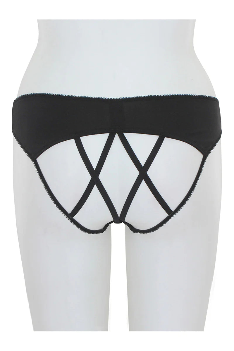 black criss-cross underwear on a white background