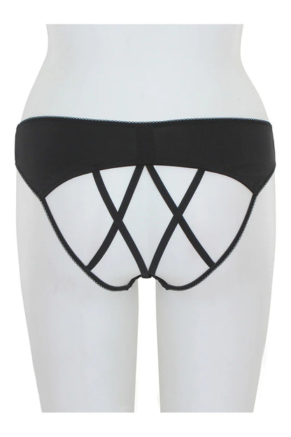 black criss-cross underwear on a white background