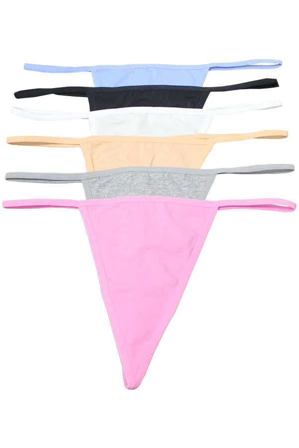 Set of six thong underwear in different colors on a white background