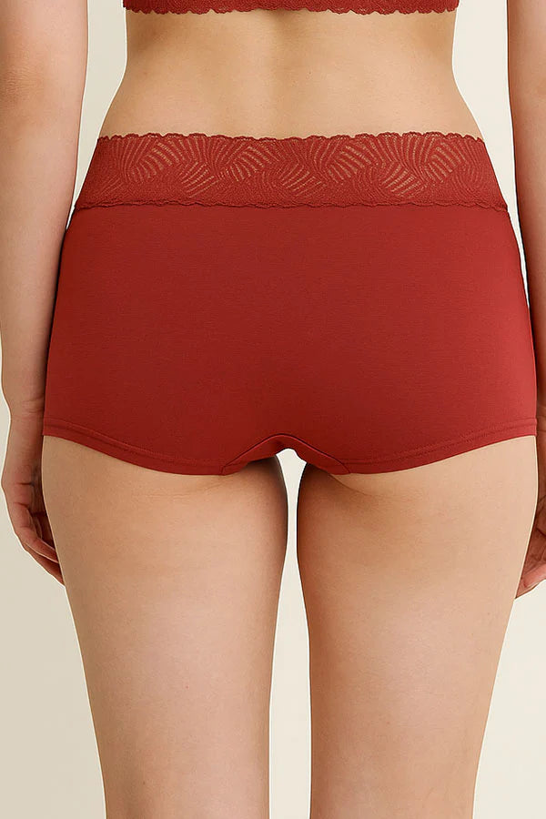 Burgundy Red underwear with lace waistband on a beige background