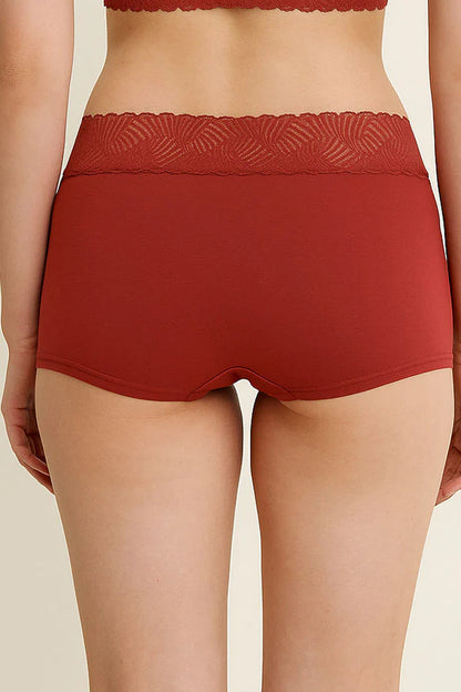 Burgundy Red underwear with lace waistband on a beige background
