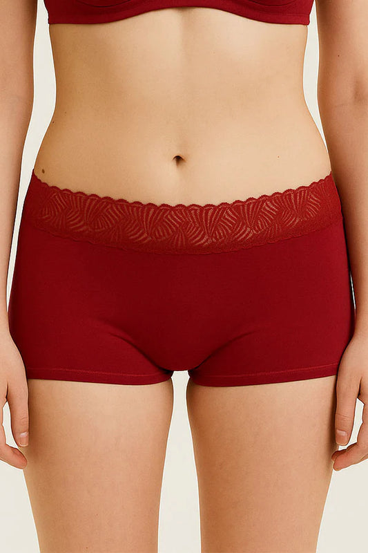Burgundy Red underwear with lace waistband on a beige background