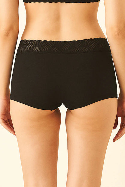 Black lace-trimmed underwear on a beige background