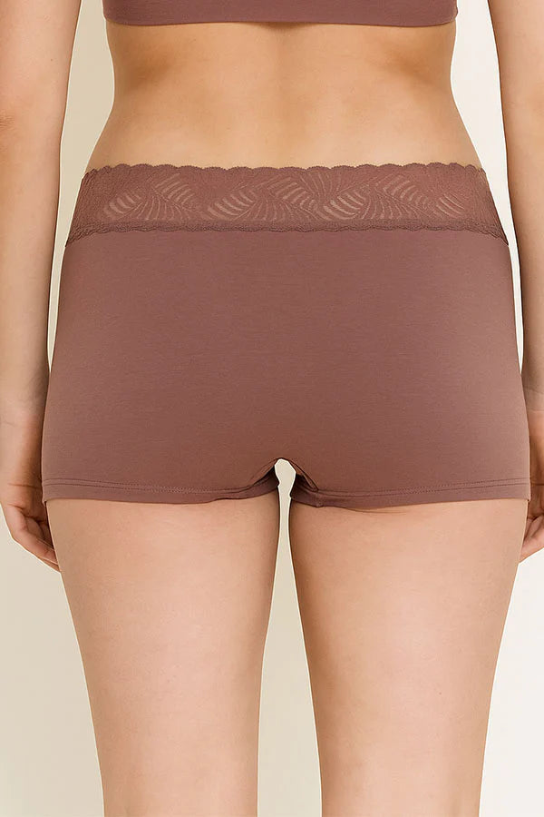 Brown Burlwood lace-trimmed underwear on a beige background