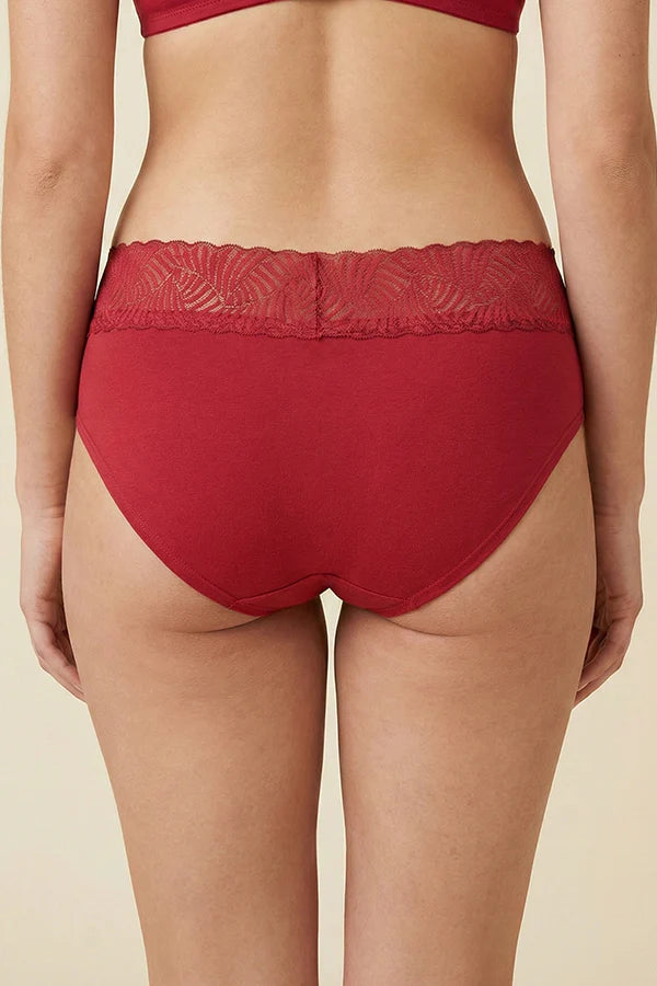 Burgundy Red underwear with lace waistband on a beige background