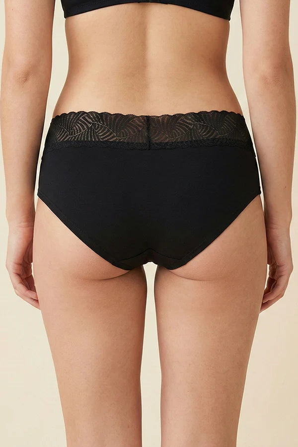 Black underwear with lace waistband on a beige background