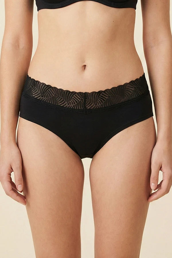 Black lace-trimmed underwear on a beige background