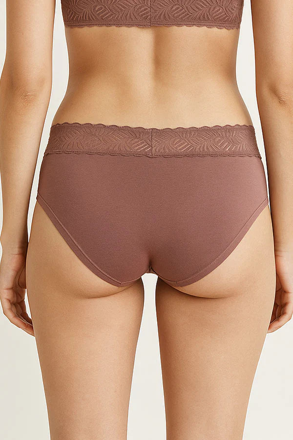 Burlwood  Brown lace-trimmed underwear on a neutral background