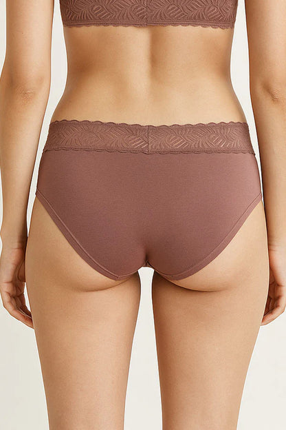 Burlwood  Brown lace-trimmed underwear on a neutral background