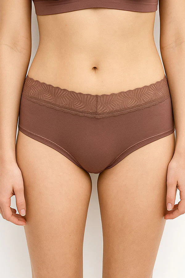 Burlwood Brown underwear with lace waistband on a plain background