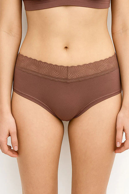Burlwood Brown underwear with lace waistband on a plain background