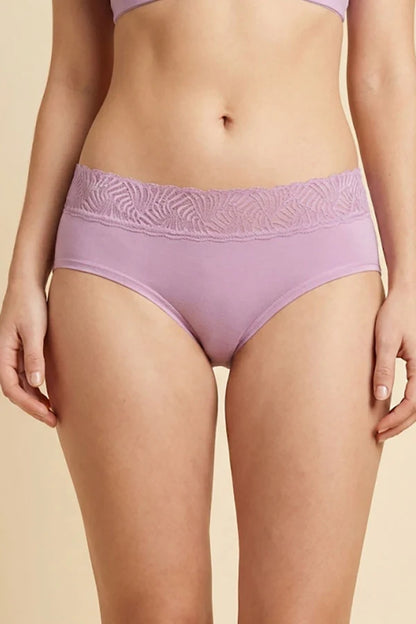 Mauve Purple underwear worn by a person on a beige background
