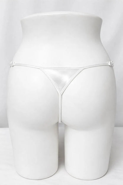 White satin thong underwear shown from the back on a white female mannequin torso, against a white studio background.
