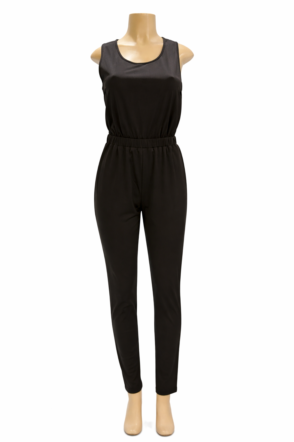 A black sleeveless jumpsuit displayed on a beige mannequin against a plain white background.