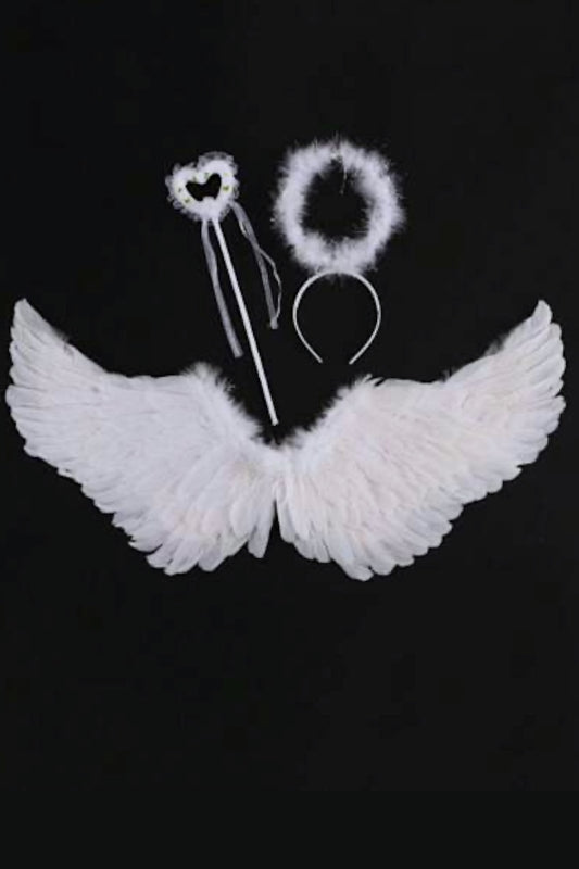 White angel wings with a heart-shaped wand and headband on a black background