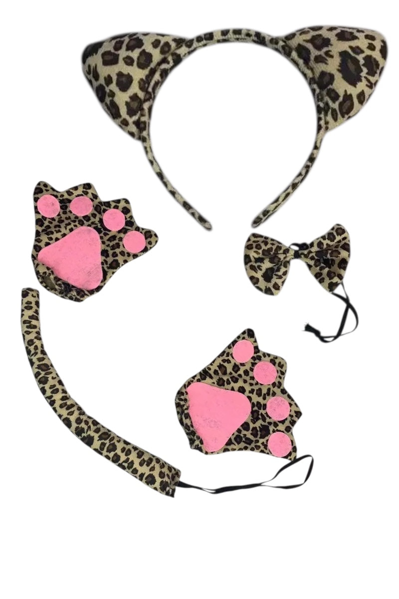 A set of leopard-print costume accessories with bright pink paw pad accents, including cat ears, two paw-shaped pieces, a bow tie, and a long tail, displayed on a plain white background.