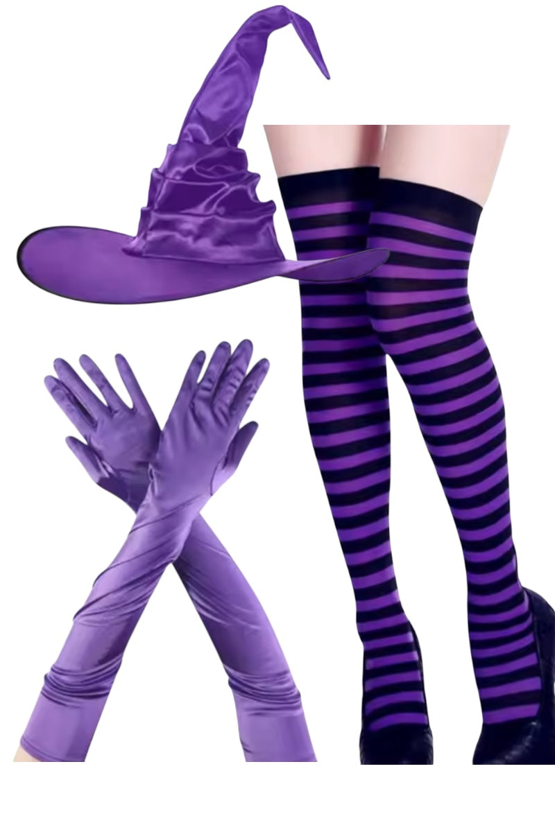 Purple witch costume accessory set featuring a pointed satin witch hat, matching long satin gloves, and purple-and-black striped thigh-high stockings, shown on a white background with one set displayed on a mannequin leg form and the other as crossed hands.
