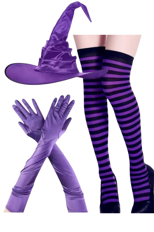 Purple witch costume accessory set featuring a pointed satin witch hat, matching long satin gloves, and purple-and-black striped thigh-high stockings, shown on a white background with one set displayed on a mannequin leg form and the other as crossed hands.