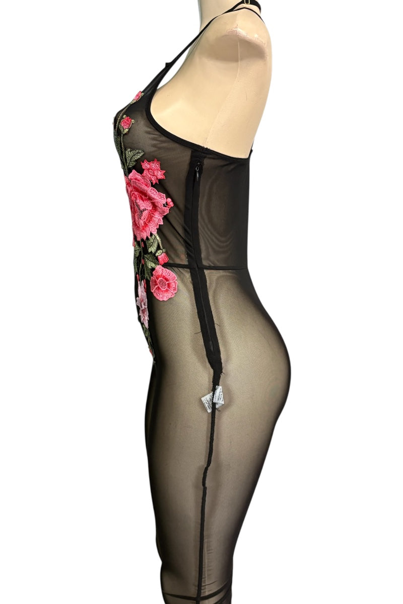 Black sheer mesh bodysuit with pink floral embroidery on the side, displayed on a beige mannequin torso against a white background.