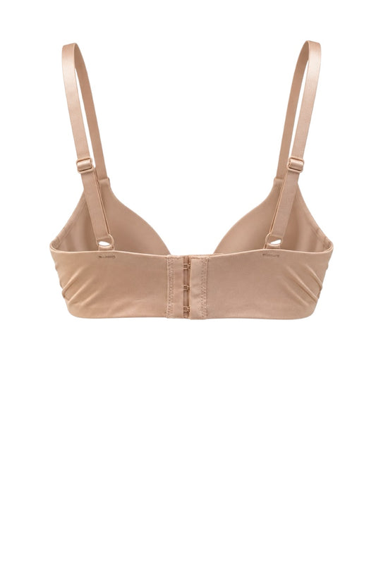 A beige underwire bra with adjustable shoulder straps and a center hook-and-eye closure, shown against a plain white background.