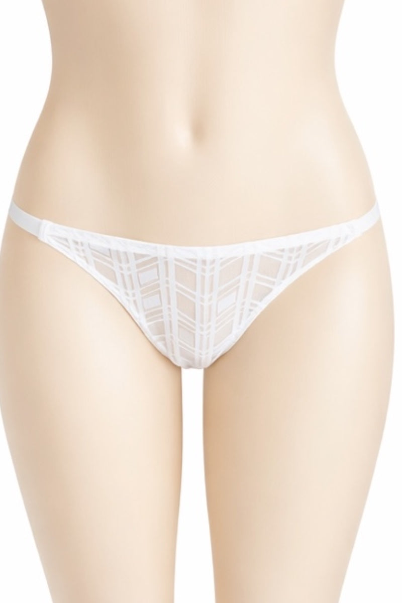 White lace thong on a mannequin against a white background