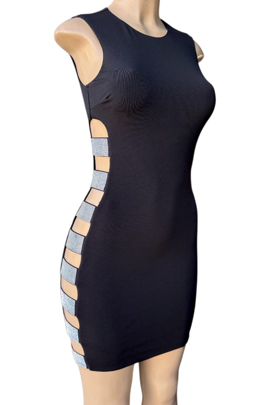 Black dress with side panels on a mannequin against a white background