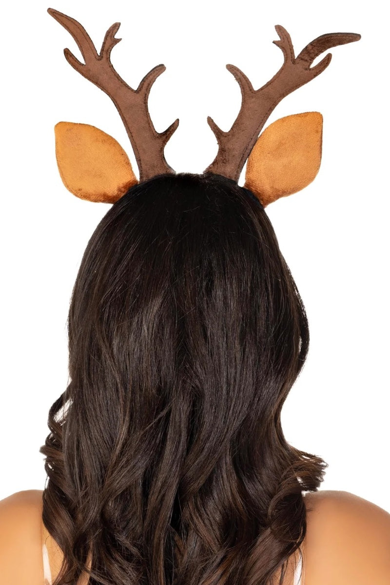 A person viewed from the back wearing a brown reindeer antler headband with tan ears, shown against a plain white background.